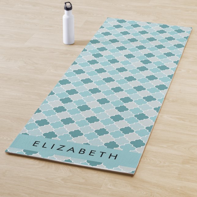 Blue Moroccan Trellis, Quatrefoil, Your Name Yoga Mat (In Situ)