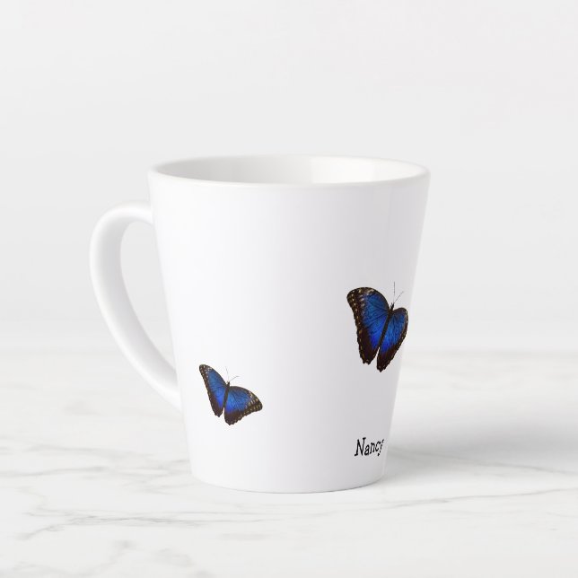 Blue Morpho Butterflies Personalised Text Latte Mug (Left Angle)