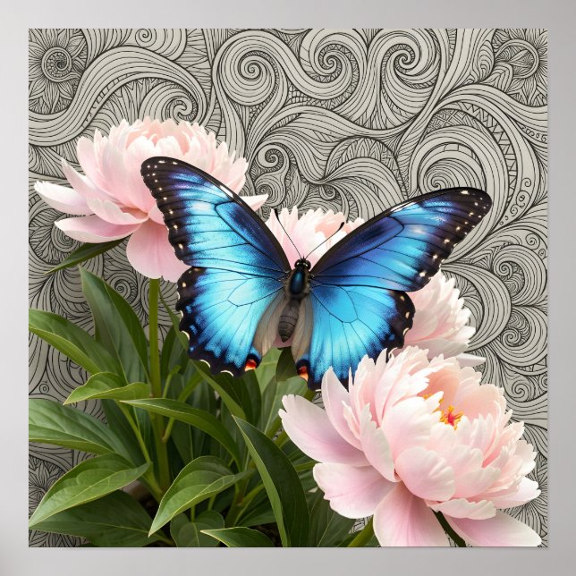 Blue Morpho Butterfly Floral Botanical Art  Poste Poster (Front)