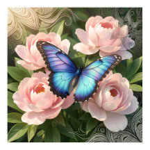 Blue Morpho Butterfly Floral Botanical Art  Poste
