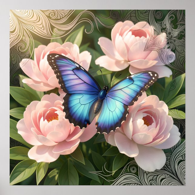 Blue Morpho Butterfly Floral Botanical Art  Poste Poster (Front)