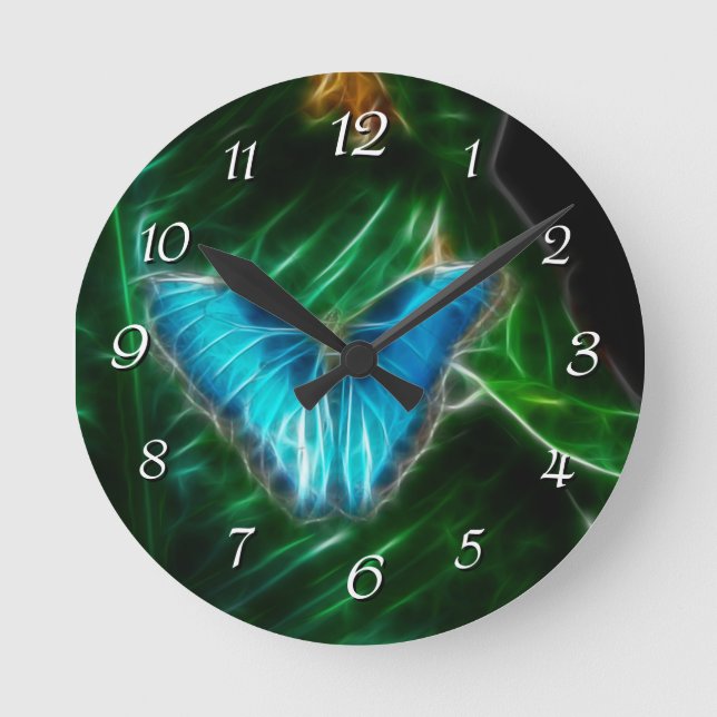 Blue Morpho Butterfly Fractal Round Clock (Front)