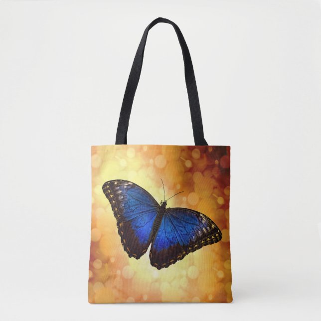 Blue Morpho Butterfly on Bokeh Gold Tote Bag (Front)