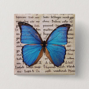Blue Morpho Butterfly on Book Page 15 Cm Square Badge