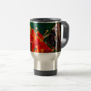 Blue morpho butterfly on Crocosmia Lucifer flowers Travel Mug
