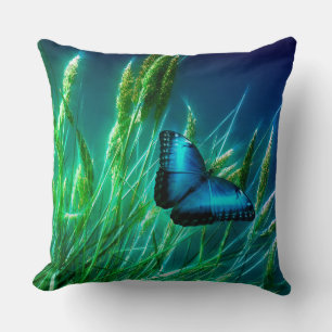 Blue Morpho Butterfly on Green Grass Cushion