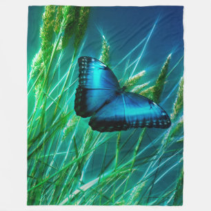 Blue Morpho Butterfly on Green Grass Fleece Blanket