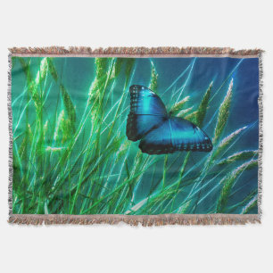 Blue Morpho Butterfly on Green Grass Throw Blanket