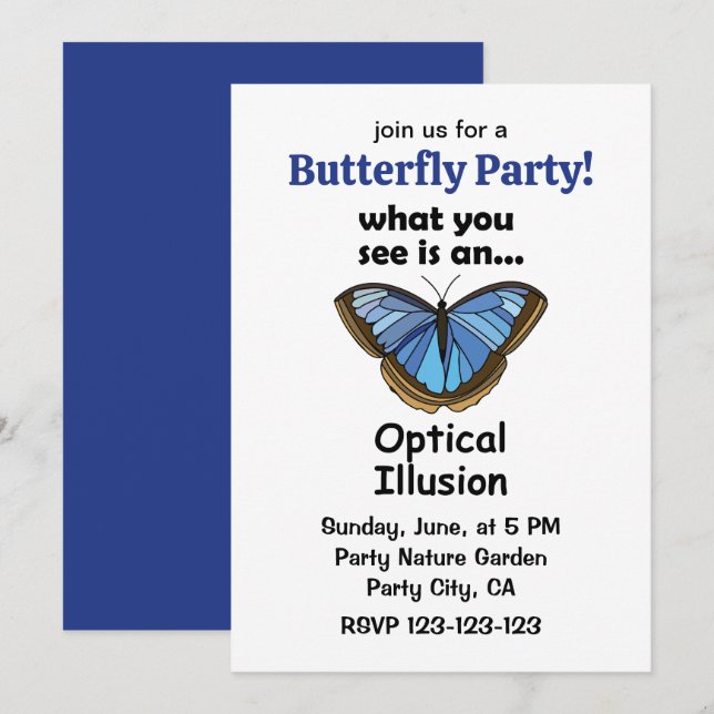 Blue Morpho Butterfly Optical Illusion Funny Party Invitation (Front/Back)