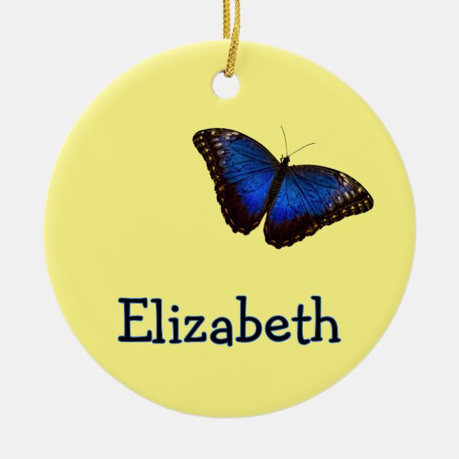 Blue Morpho Butterfly Personalized with Name Ceramic Tree Decoration (Front)