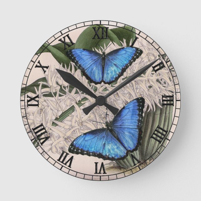 Blue Morpho Butterfly Round Clock (Front)