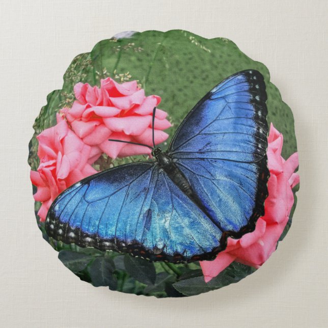 Blue Morpho Butterfly Round Cushion (Front)