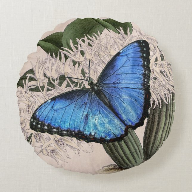 Blue Morpho Butterfly Round Cushion (Front)