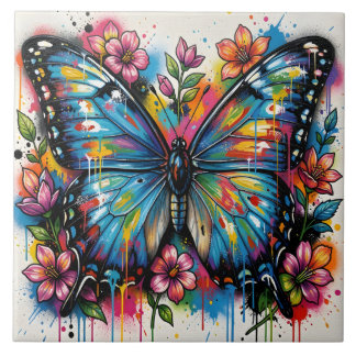 Blue Morpho Butterfly Street Art Graffiti Grunge Tile