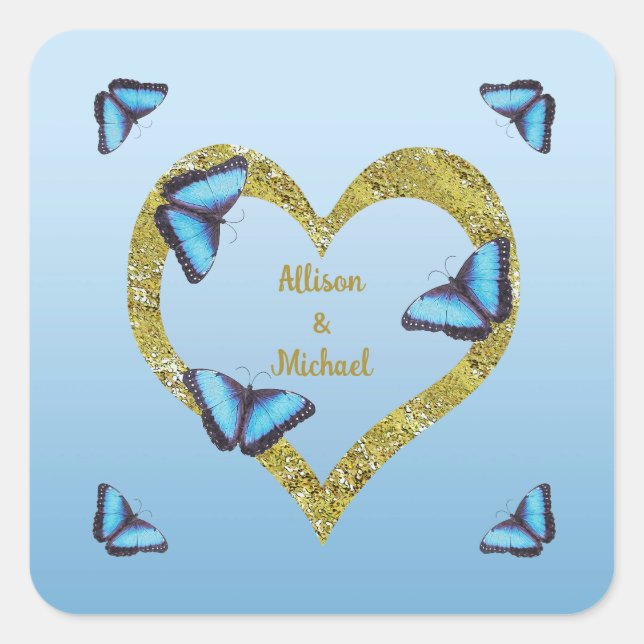 Blue morpho butterfly with golden heart  square sticker (Front)