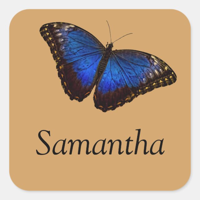 Blue Morpho Butterfly with Name Square Sticker (Front)