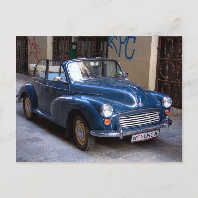 Blue Morris Minor Convertible Tourer Postcard (Front)
