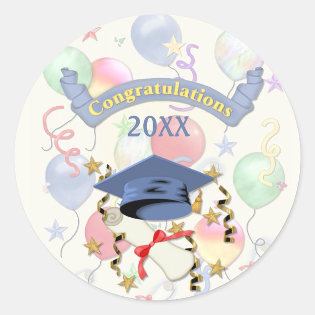 Blue Mortar and Diploma Graduation Classic Round Sticker (Front)
