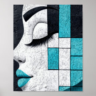 Blue Mosaic Girl Face Abstract Portrait Poster
