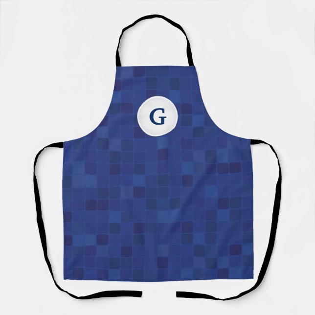 Blue mosaic pixel pattern personalised monogram apron (Front)