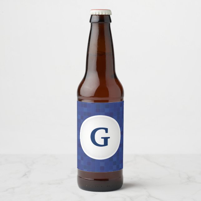 Blue mosaic pixel pattern personalised monogram beer bottle label (Front)