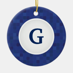 Blue mosaic pixel pattern personalised monogram  ceramic tree decoration