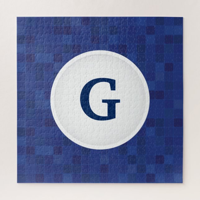 Blue mosaic pixel pattern personalised monogram jigsaw puzzle (Vertical)