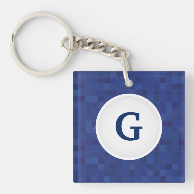 Blue mosaic pixel pattern personalised monogram  key ring (Front)