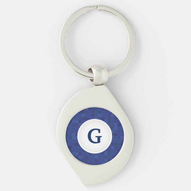 Blue mosaic pixel pattern personalised monogram  key ring (Front)