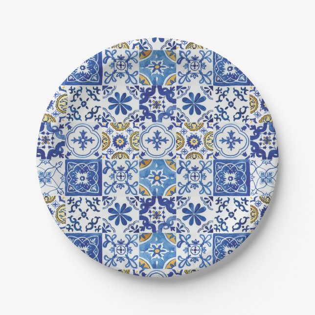 Blue Mosaic Tiles Birthday Bridal Baby Shower  Paper Plate (Front)