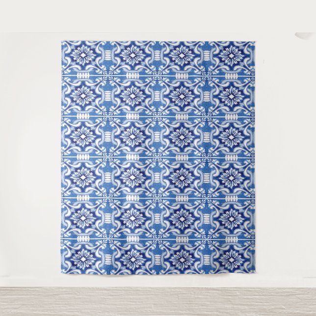 Blue Mosaic Tiles Italian Bridal Shower Backdrop Tapestry (Front)
