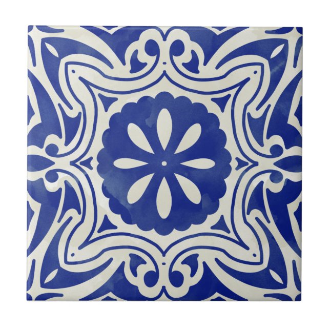 Blue Mosaic Watercolor Pattern ceramic tile (Front)