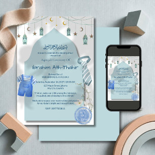 Blue mosque arch Islamic Aqiqah & Baby Shower Boy Invitation