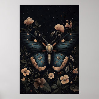 Blue Moth Botanical Print, Dark Academia Wall Art