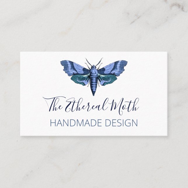Blue Moth On White Handmade Business Card (Front)