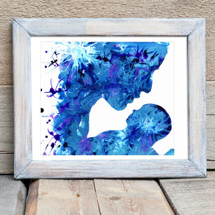Blue Mother & Child Watercolor Abstract Art Poster