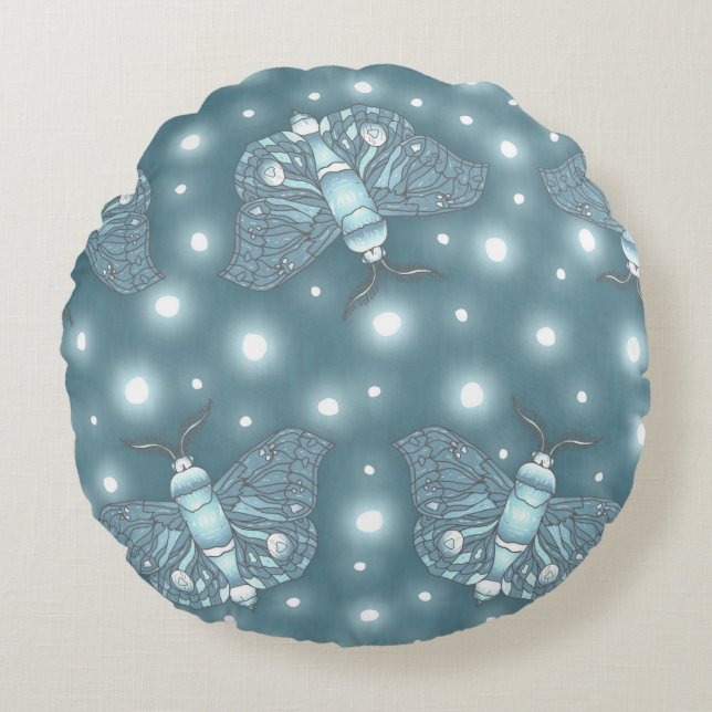 Blue Moths Round Cushion (Front)