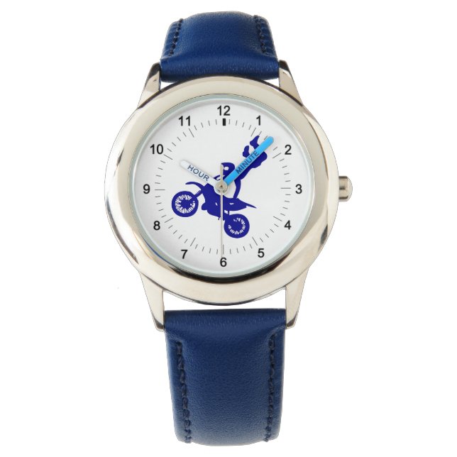 Blue motocross dirt bike kid's wrist watch (Front)