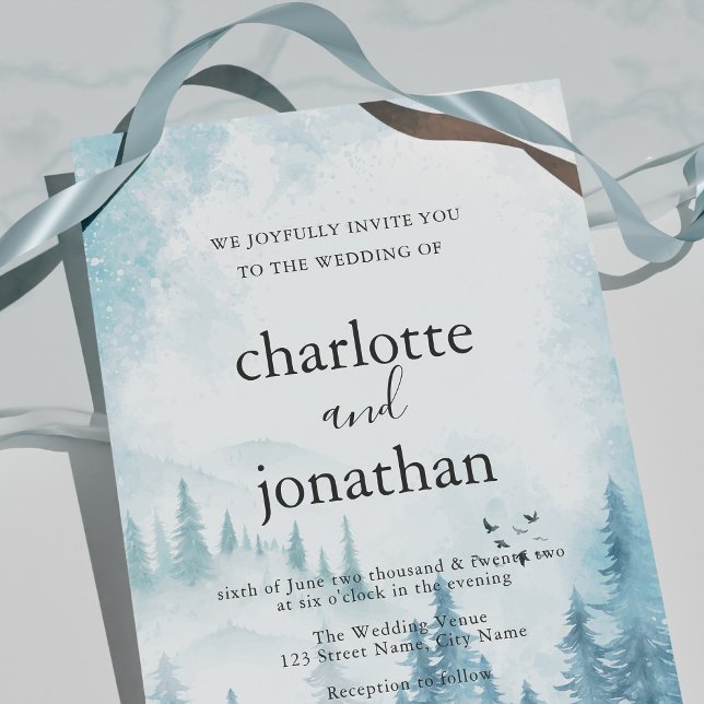 Blue Mountain Forest Rustic Watercolor Wedding Invitation (Creator Uploaded)