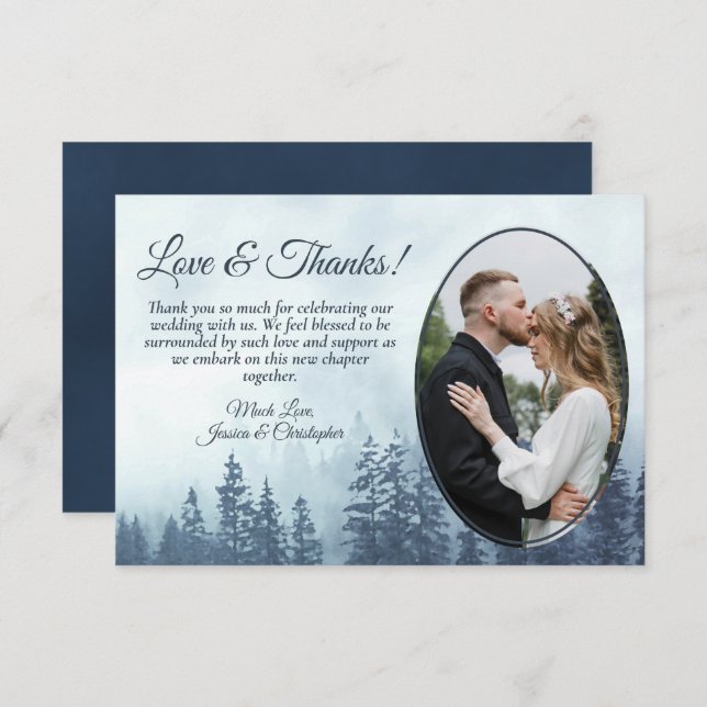 Blue Mountain Pine Trees Rustic Wedding Photo Thank You Card (Front/Back)