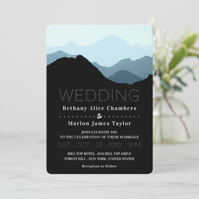 Blue Mountain Range, Modern Wedding Invitation (Standing Front)
