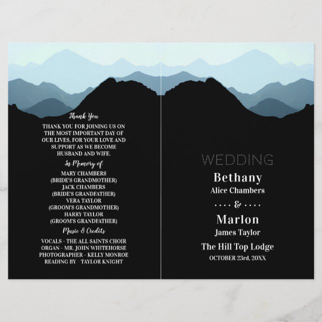 Blue Mountain Range, Modern Wedding Program (Front)