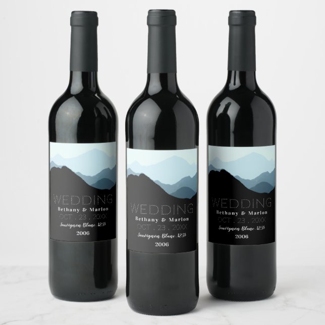 Blue Mountain Range, Rustic Wedding Wine Label (Bottles)
