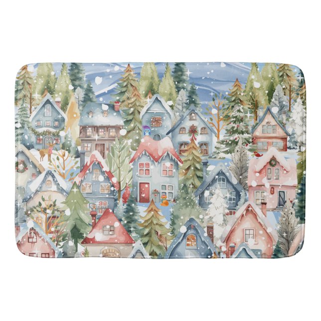 Blue Mountain Snowy Winter Village Bath Mat (Front)