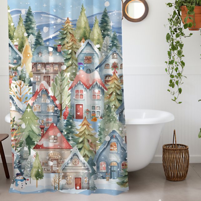 Blue Mountain Snowy Winter Village Shower Curtain (Elegant)