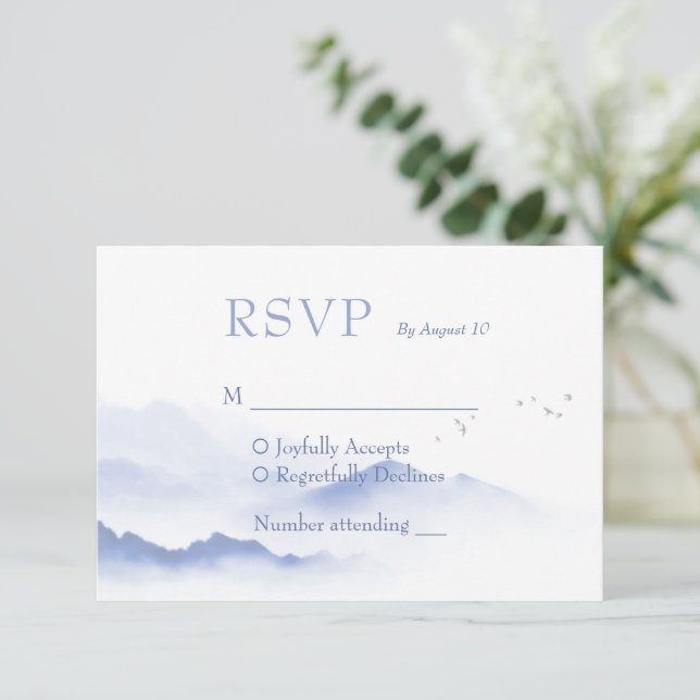 Blue mountains and birds rsvp wedding card  (Standing Front)