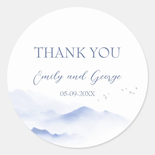 Blue mountains and birds wedding stickers  (Front)