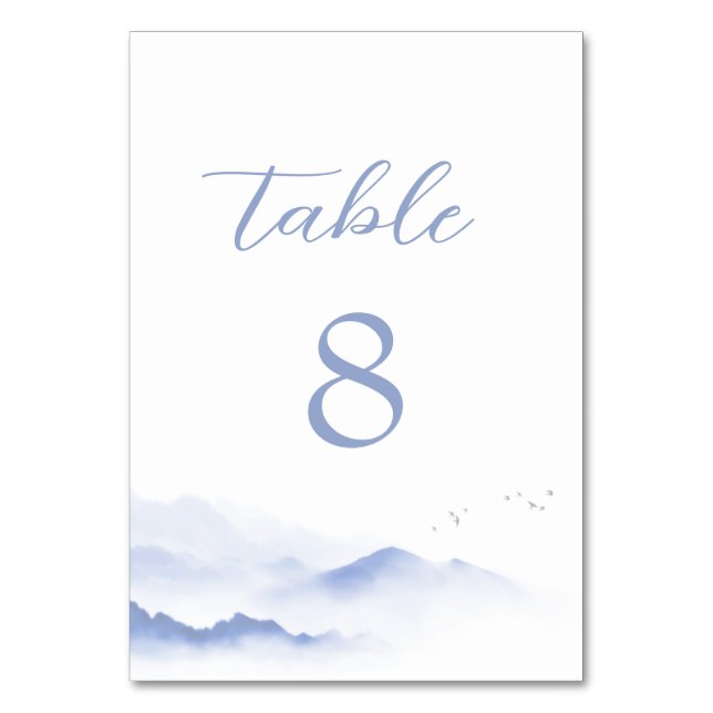 Blue mountains and birds wedding table number (Front)