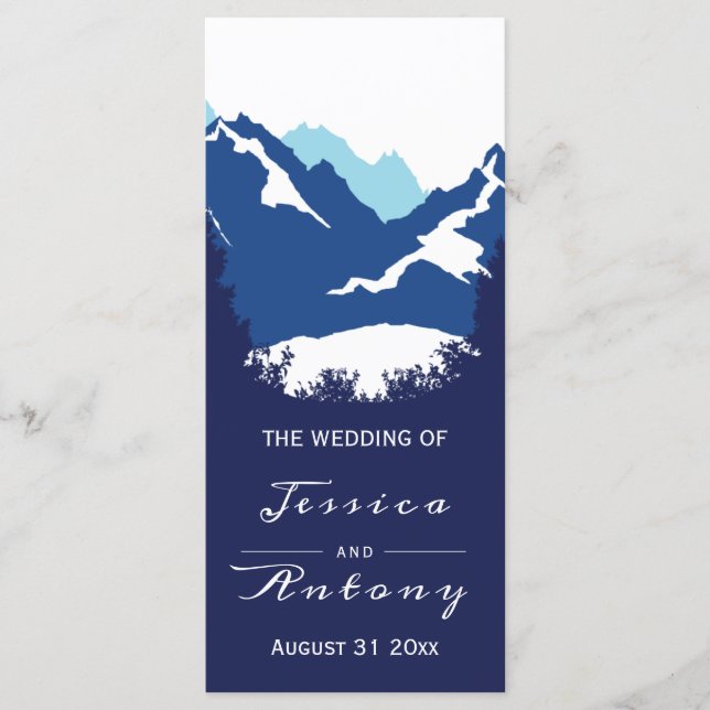 Blue mountains and conifer trees wedding program programme (Front)