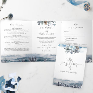 Blue Mountains and Forest, Wedding with RSVP Tri-Fold Invitation